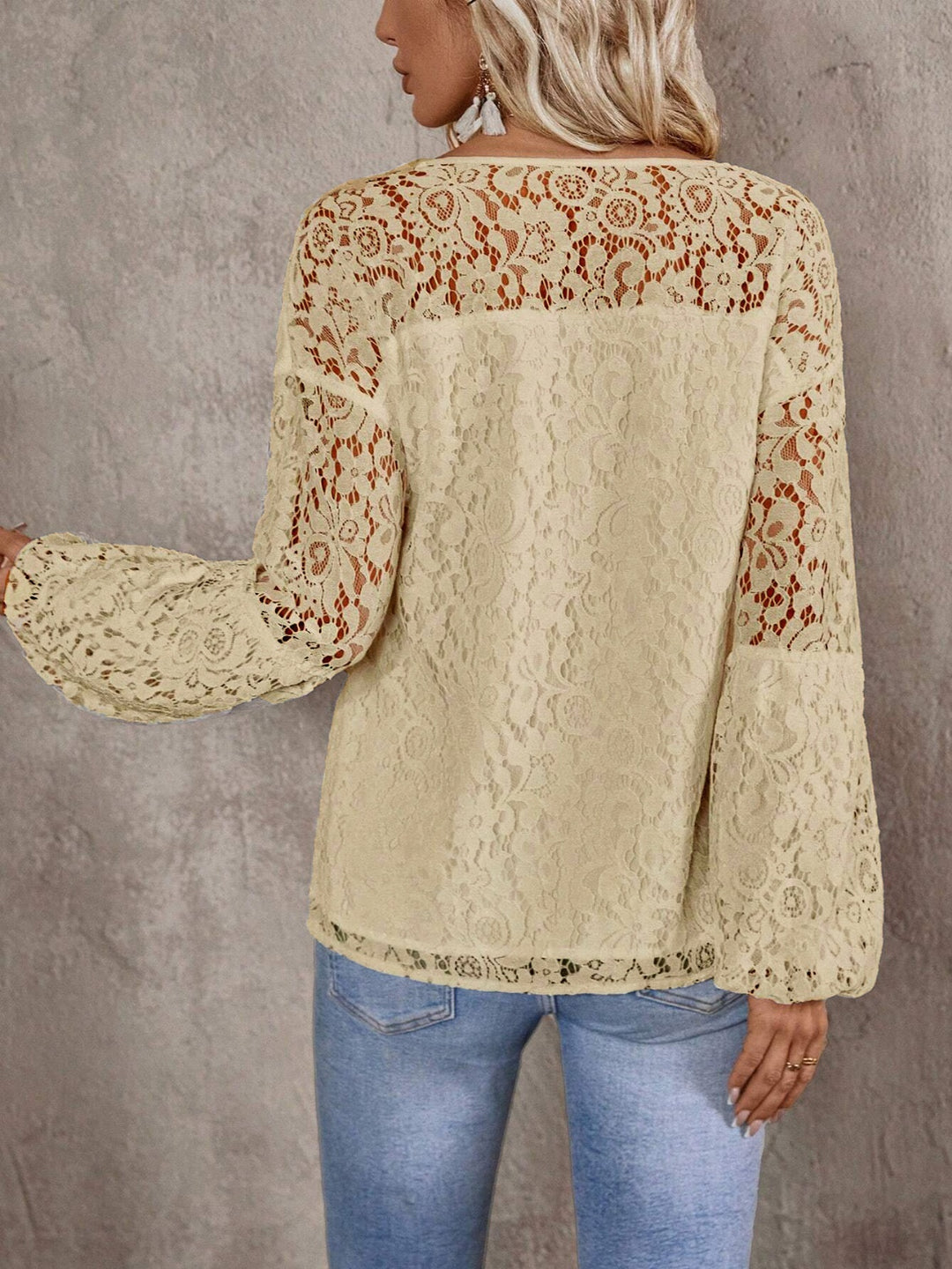 Lace Tie Neck Long Sleeve Blouse