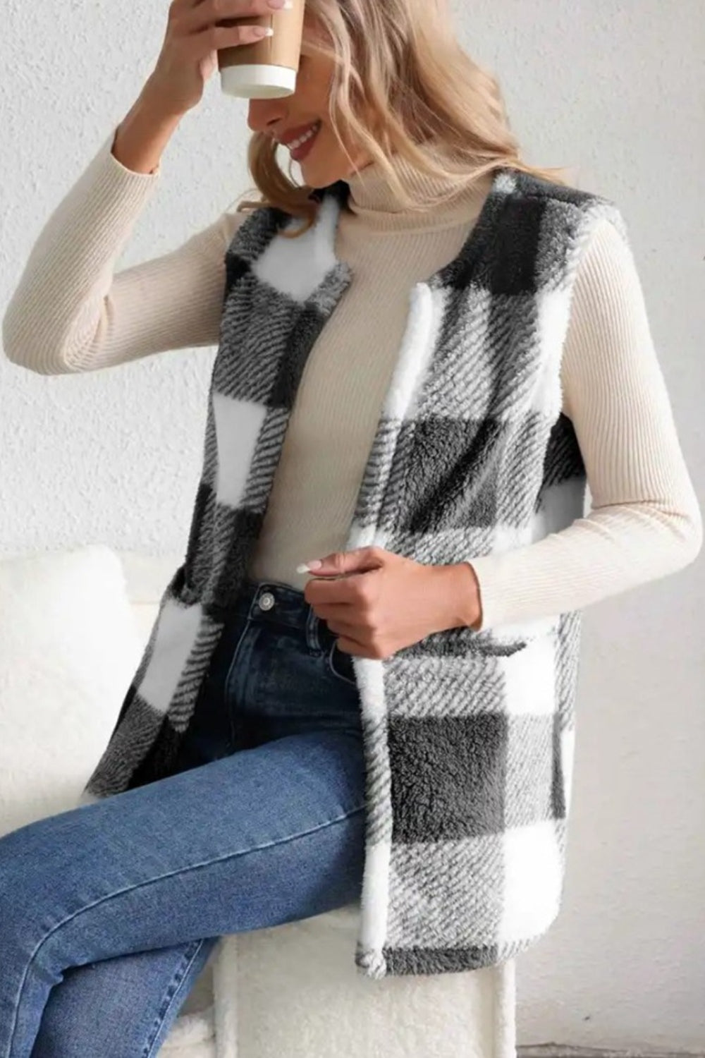 Sherpa Plaid Open Front Vest Coat