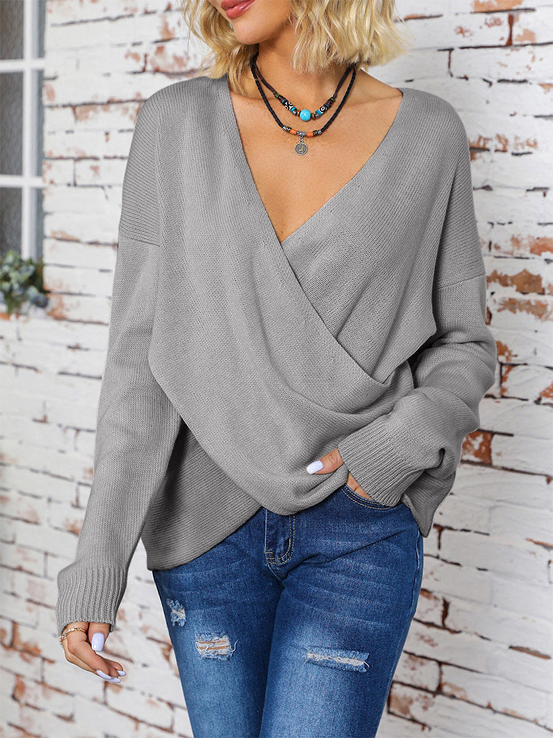 Surplice Dropped Shoulder Long Sleeve Sweater