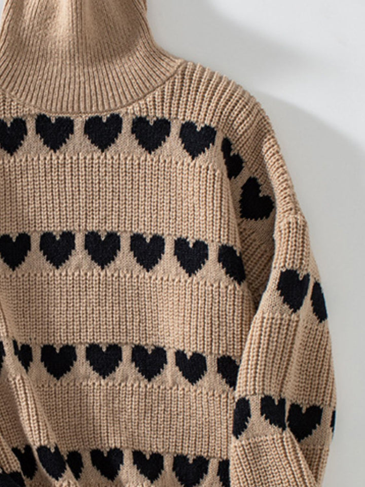 Heart Turtleneck Dropped Shoulder Sweater