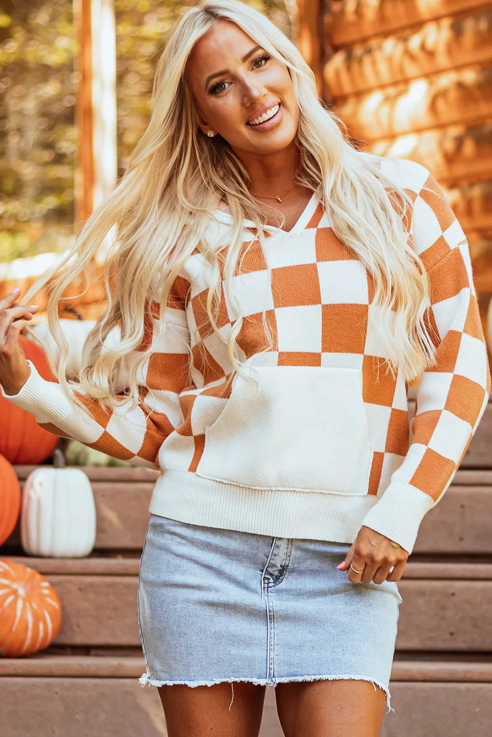 Big Orange Checkered Long Sleeve Hooded Sweater