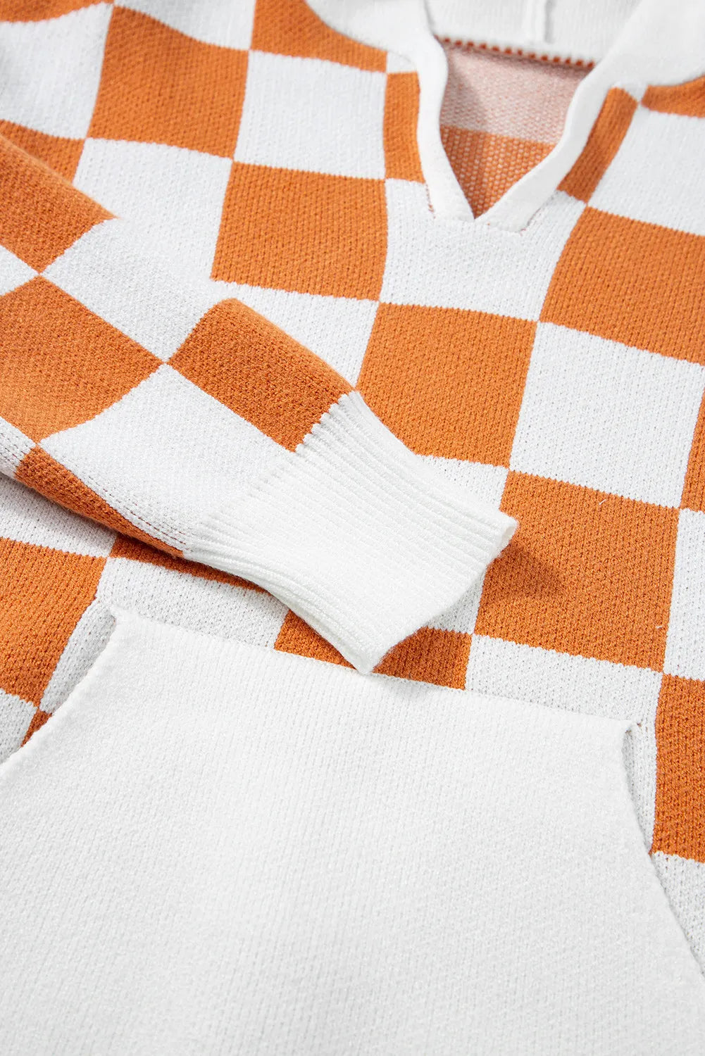 Big Orange Checkered Long Sleeve Hooded Sweater