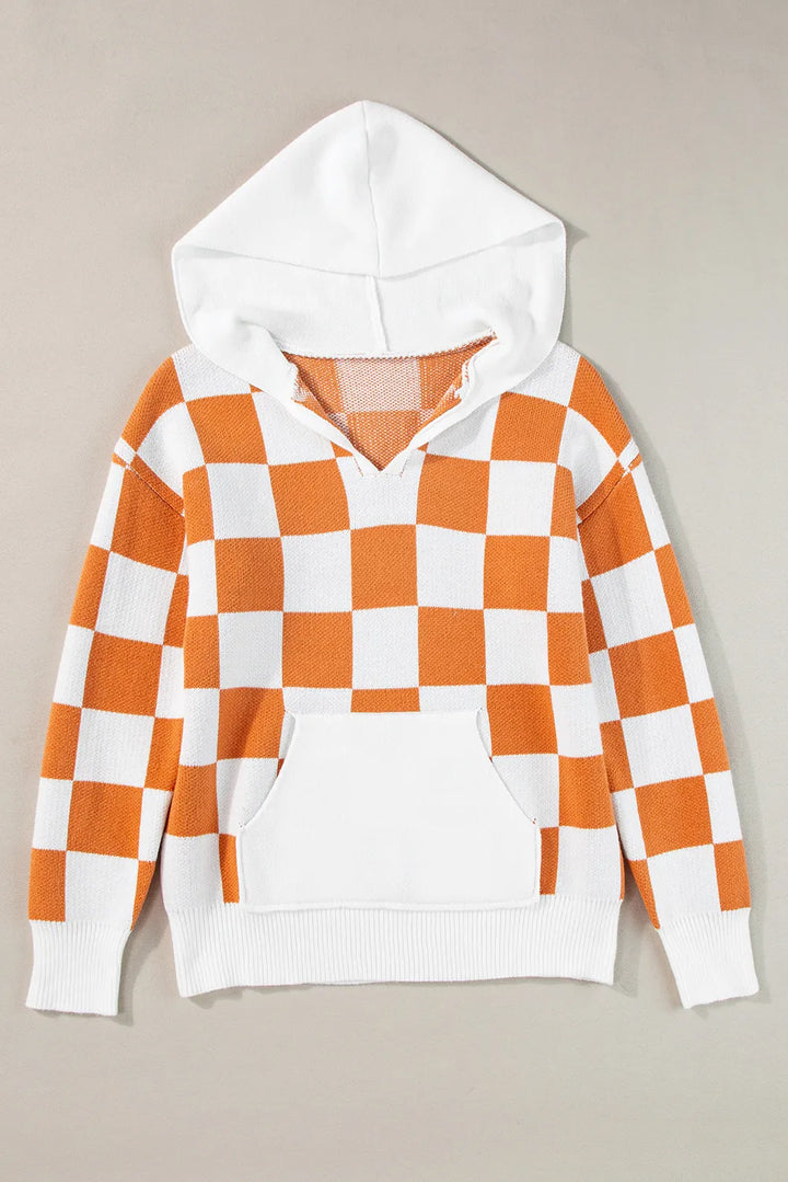 Big Orange Checkered Long Sleeve Hooded Sweater