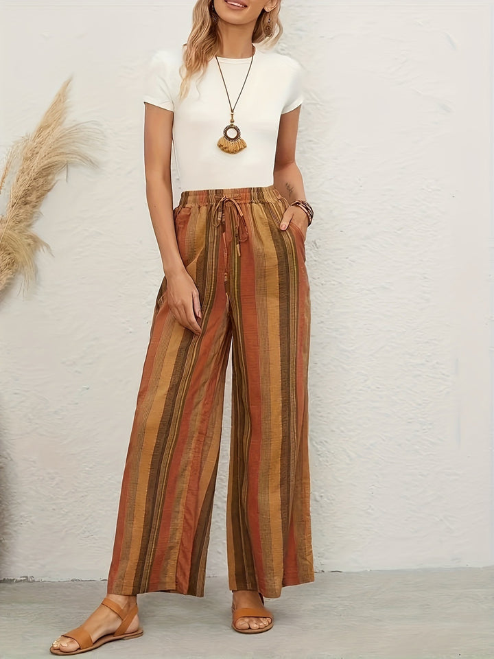 Drawstring Striped Wide Leg Pants