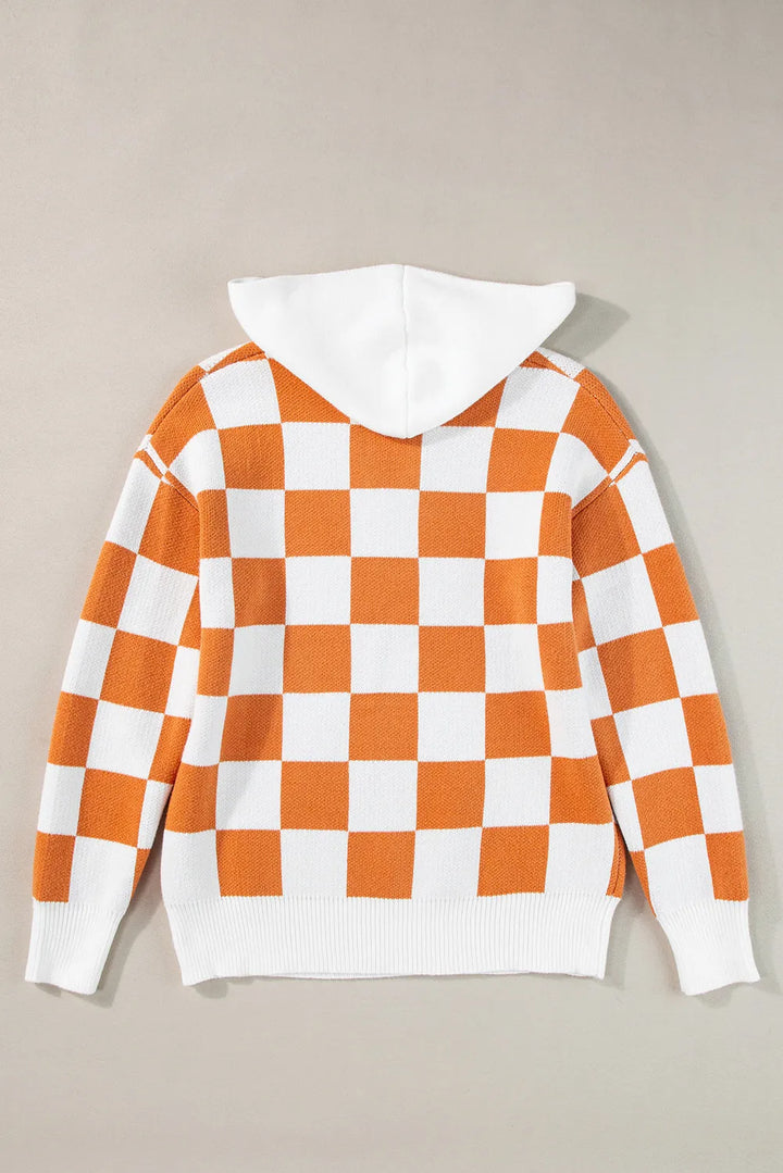 Big Orange Checkered Long Sleeve Hooded Sweater