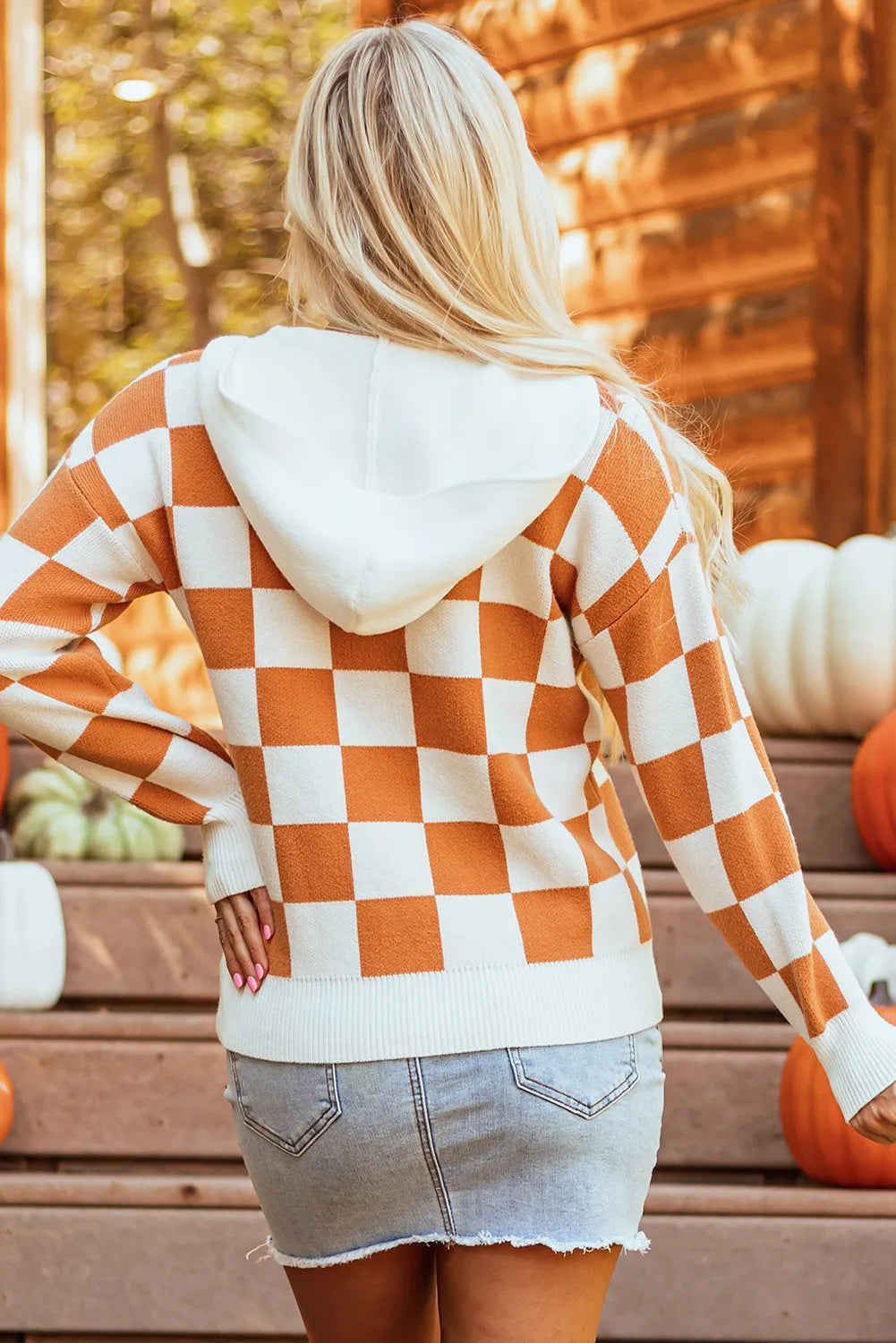 Big Orange Checkered Long Sleeve Hooded Sweater