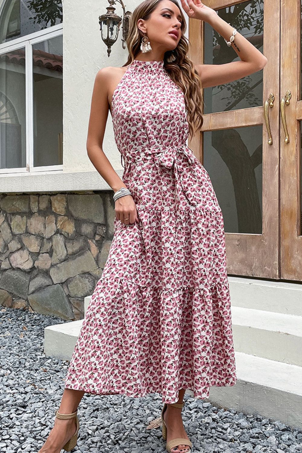 Perfee Floral Tie-Waist Tiered Dress