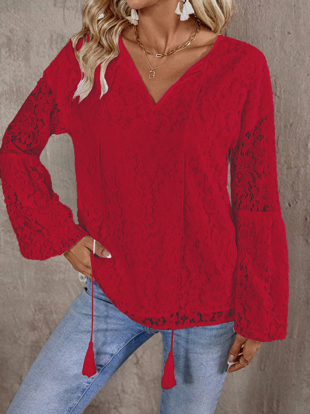 Lace Tie Neck Long Sleeve Blouse