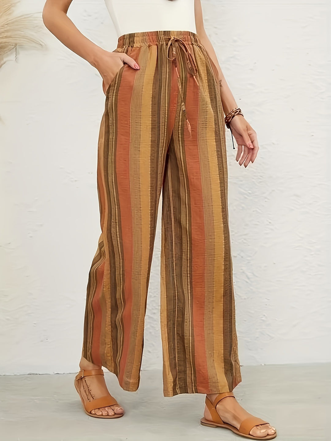 Drawstring Striped Wide Leg Pants